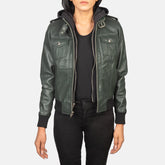 Xatus Green Leather Hooded Bomber Jacket